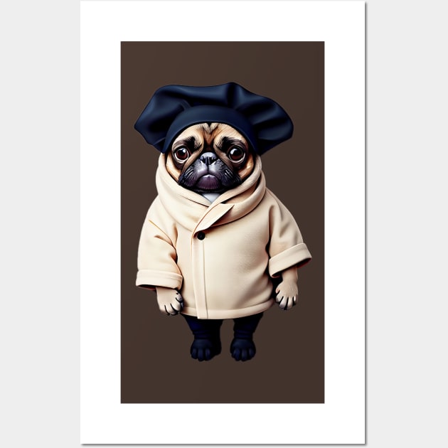 Cute Baby Pug in Winter Coat - Adorable Pug Puppy in Cozy Winter Clothing Wall Art by fur-niche